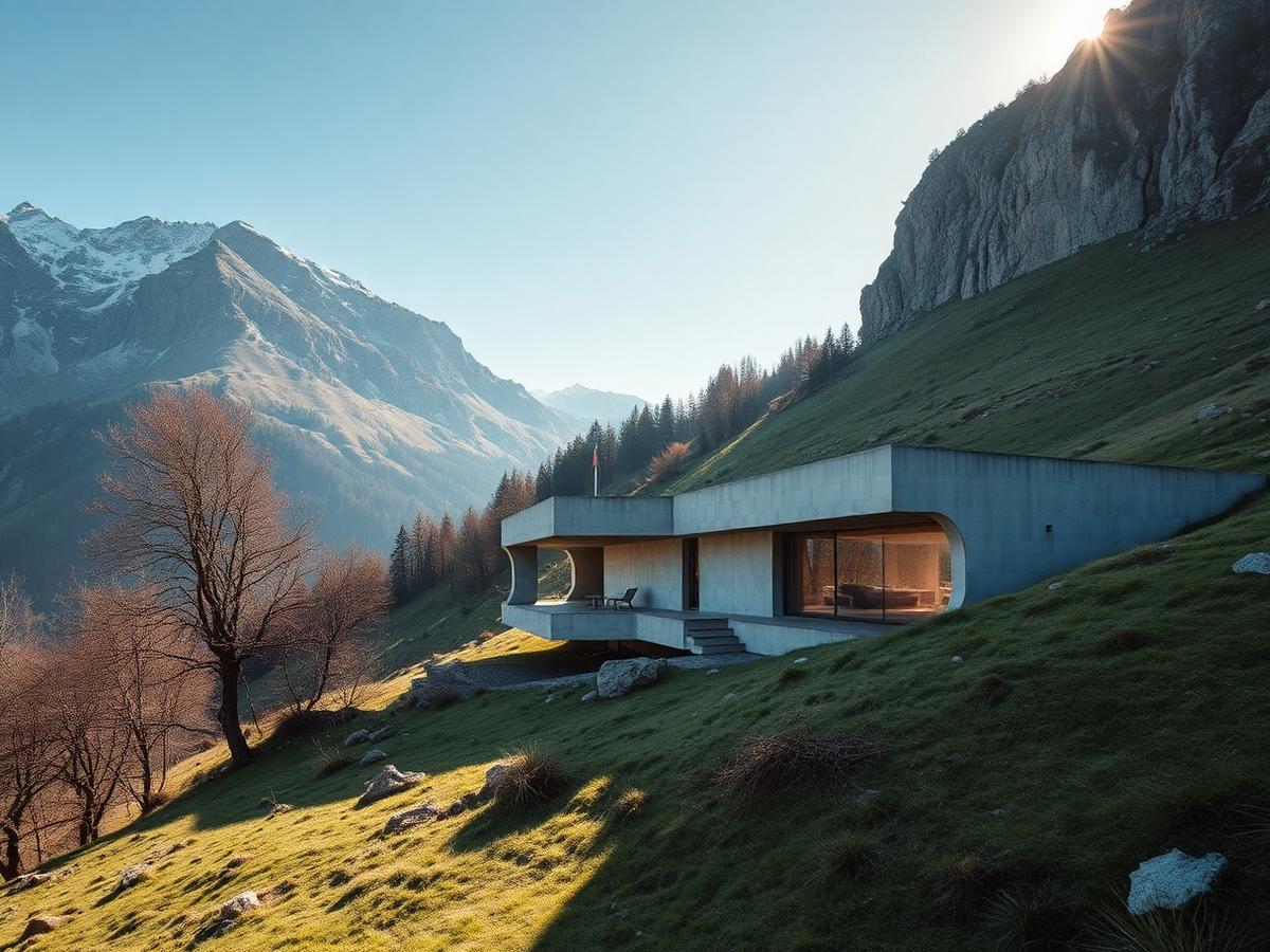 Minimalist concrete villa built into a Swiss alpine slope