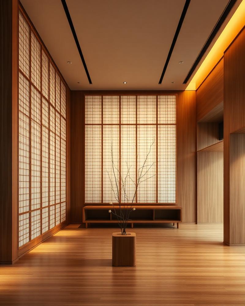 Minimalist hotel lobby with paper screens and warm wood