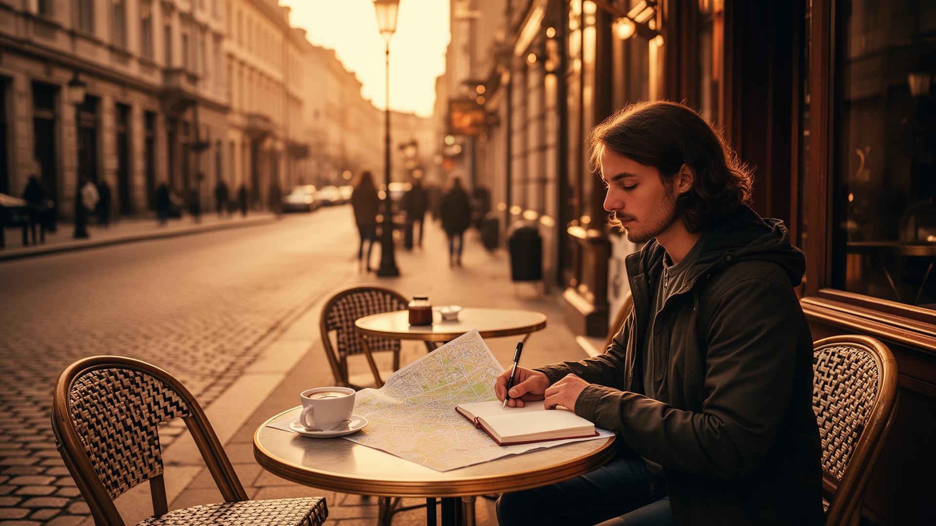 Solo traveler writing in a notebook at a cafe table on a warm city street