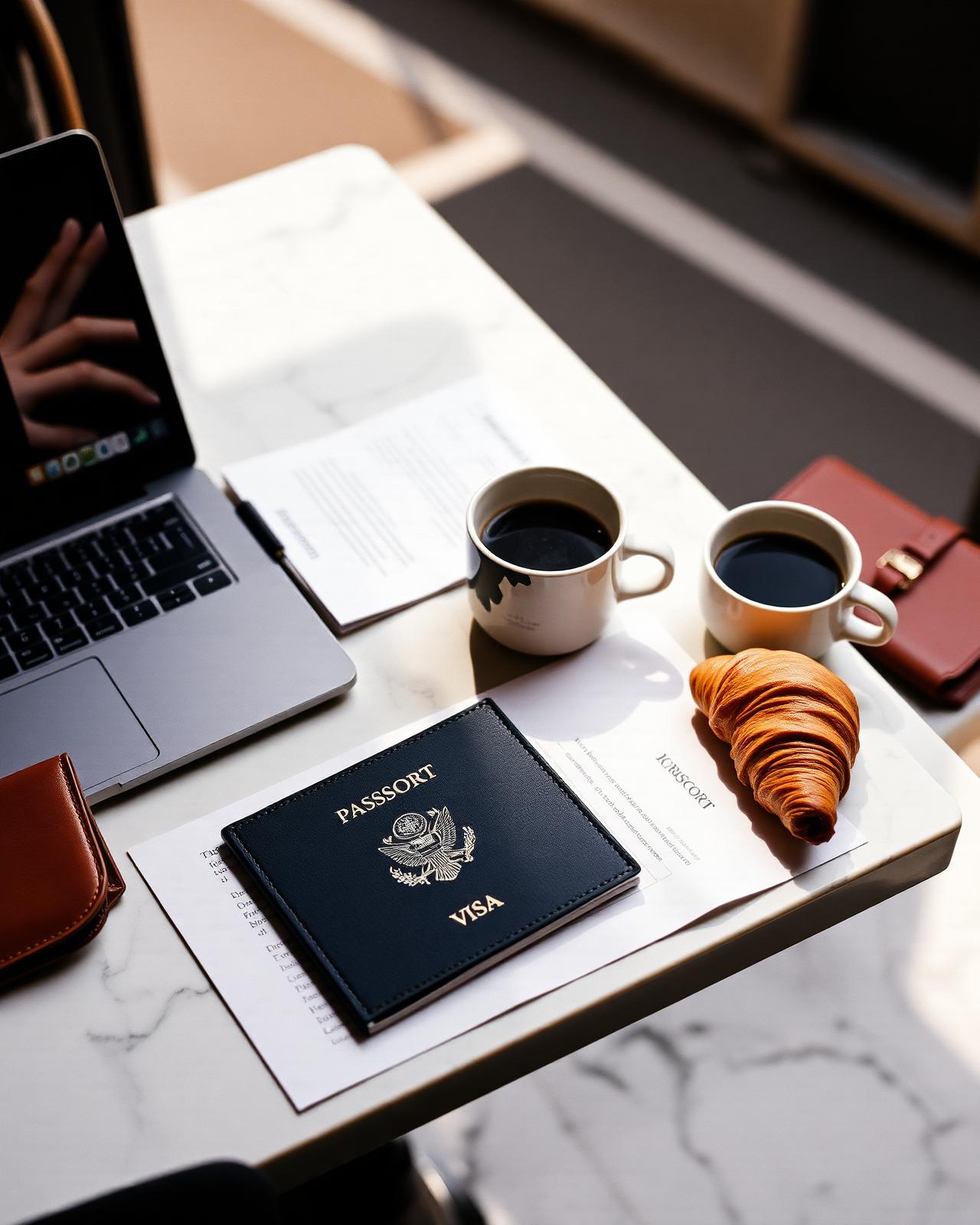 Passport, visa documents, laptop, and coffee on a sunlit marble cafe table
