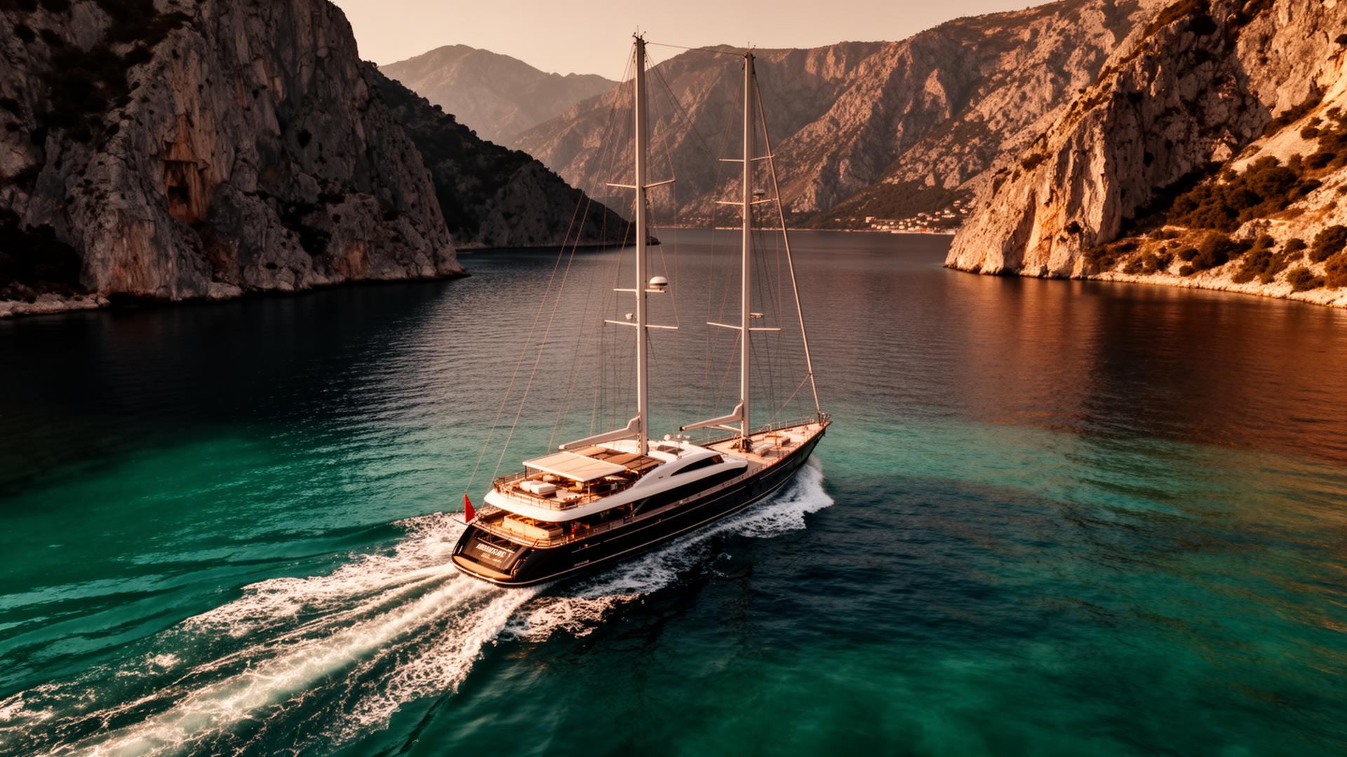 Sailing yacht in a Montenegrin fjord at golden hour